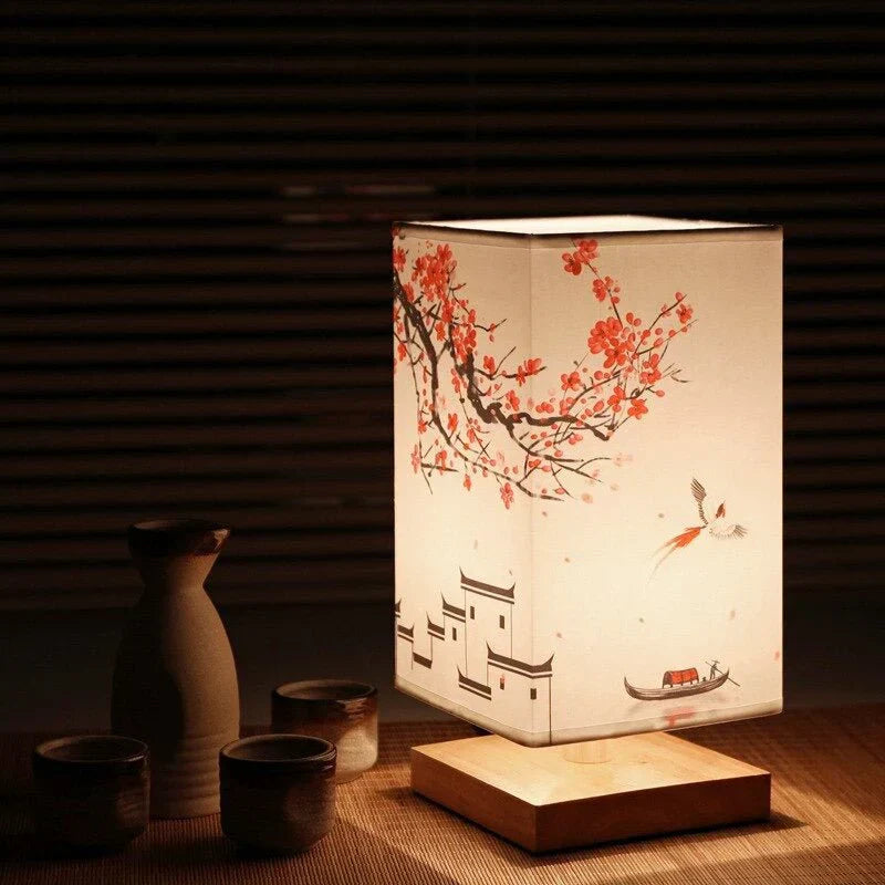Tischlampe im Japandi-Stil mit Bambus und Stoffschirm für Wohnzimmer, Schlafzimmer und Büro