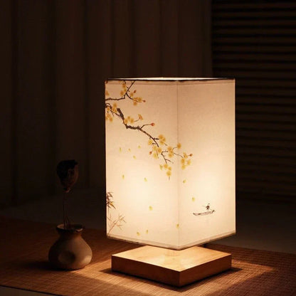 Tischlampe im Japandi-Stil mit Bambus und Stoffschirm für Wohnzimmer, Schlafzimmer und Büro