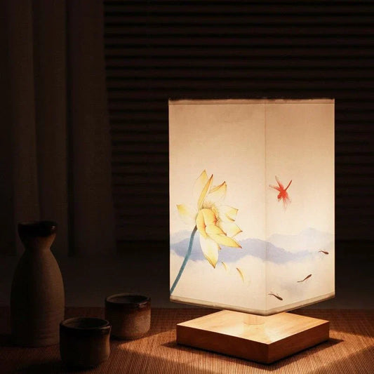 Tischlampe im Japandi-Stil mit Bambus und Stoffschirm für Wohnzimmer, Schlafzimmer und Büro