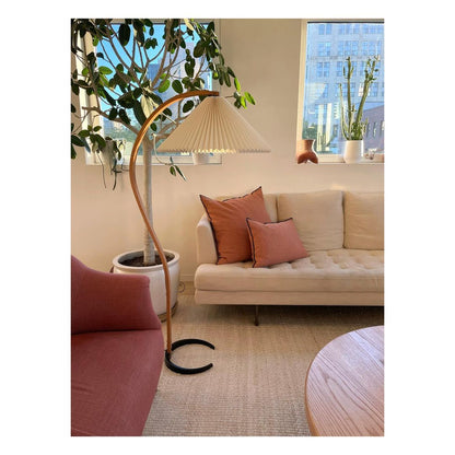 Stehlampe aus Holz und Metall mit Leinenlampenschirm für Wohnräume