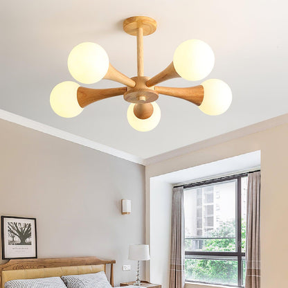 Hängelampe Holz mit Glas-Schirm – 3/4/5-flammig (Ø 50 cm x H 30 cm), E27 LED geeignet