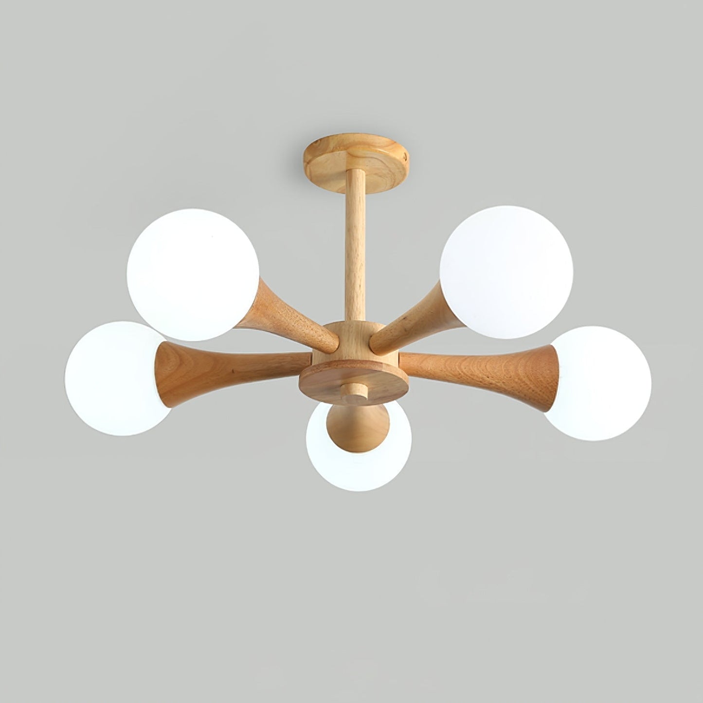 Hängelampe Holz mit Glas-Schirm – 3/4/5-flammig (Ø 50 cm x H 30 cm), E27 LED geeignet