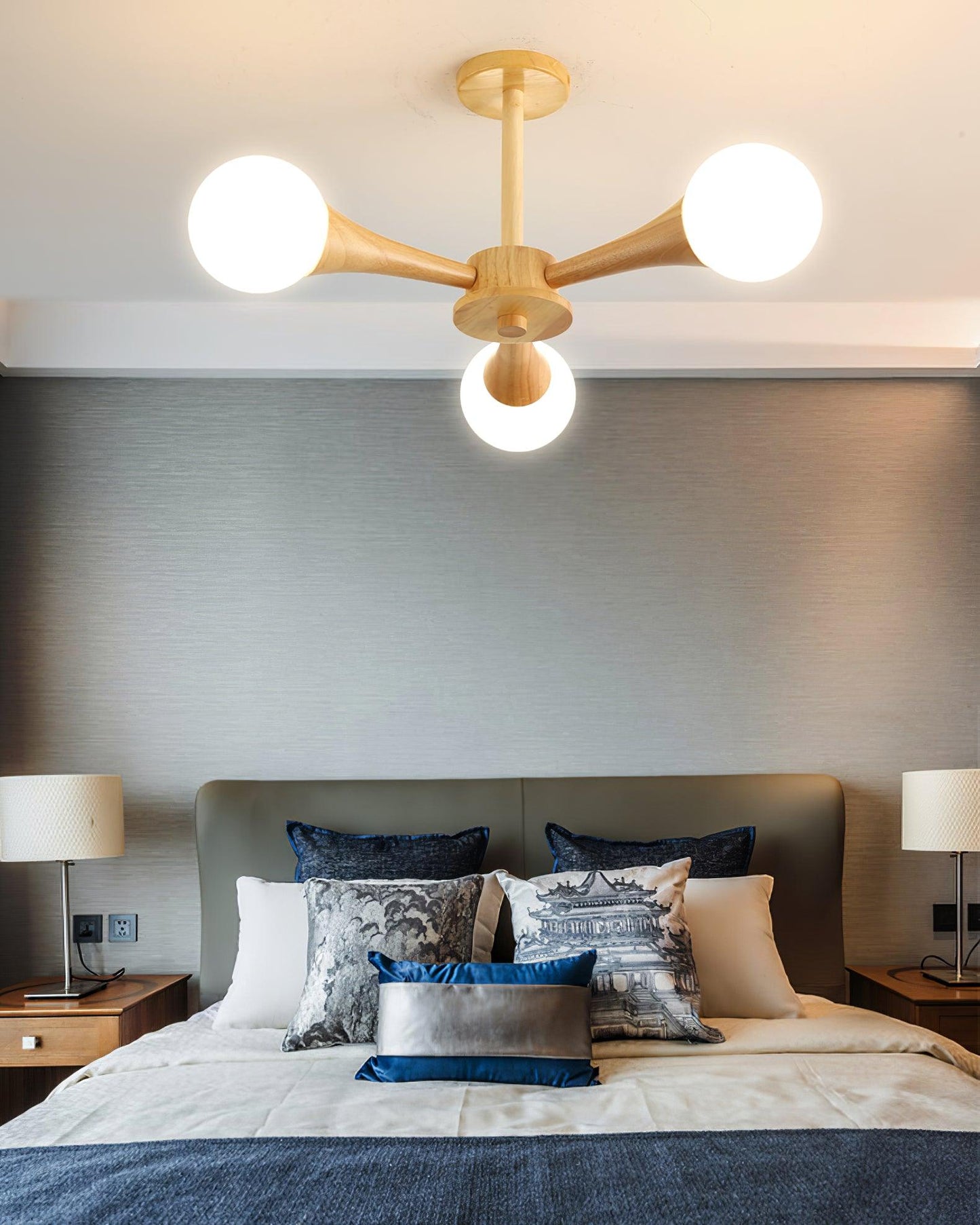 Hängelampe Holz mit Glas-Schirm – 3/4/5-flammig (Ø 50 cm x H 30 cm), E27 LED geeignet