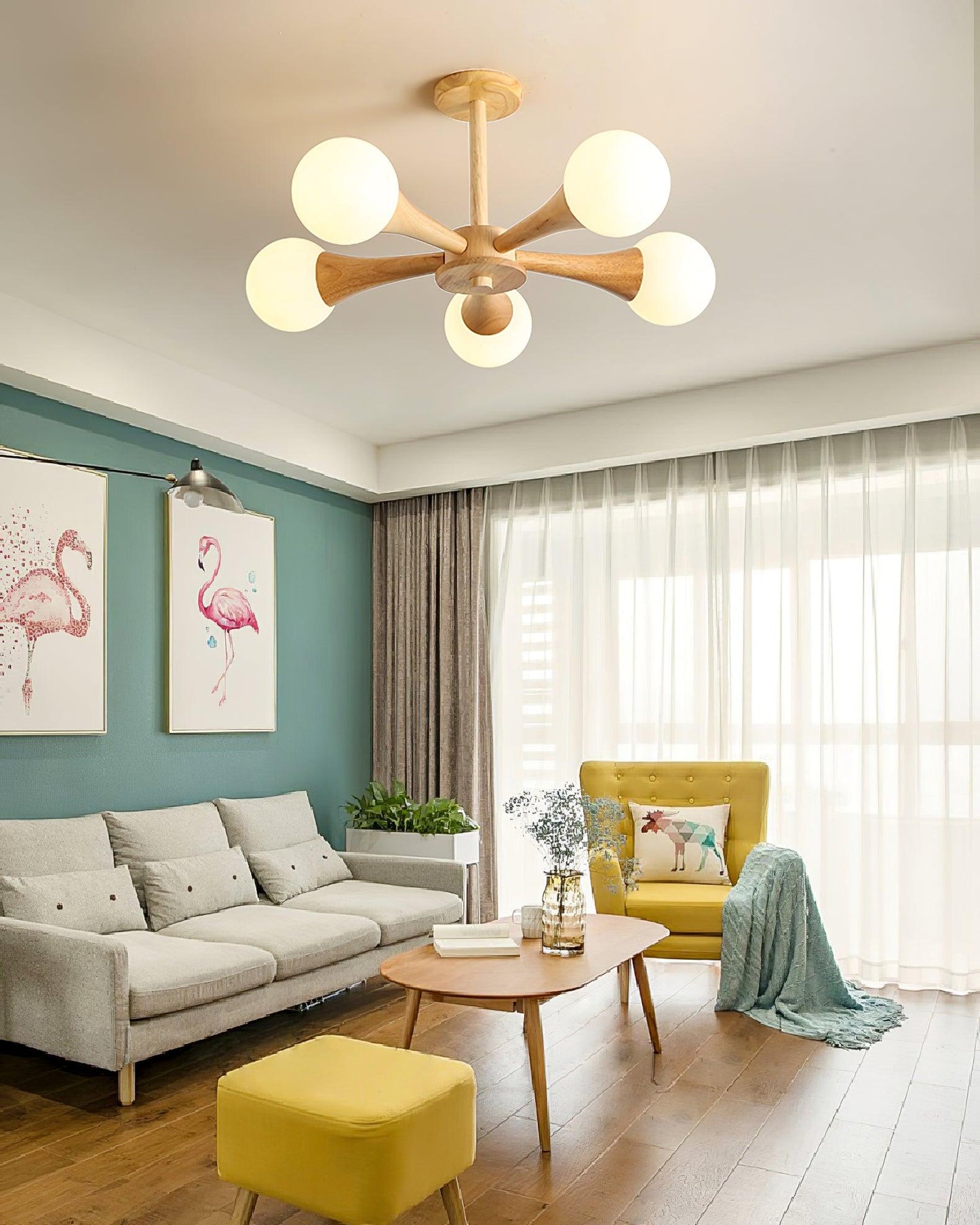 Hängelampe Holz mit Glas-Schirm – 3/4/5-flammig (Ø 50 cm x H 30 cm), E27 LED geeignet