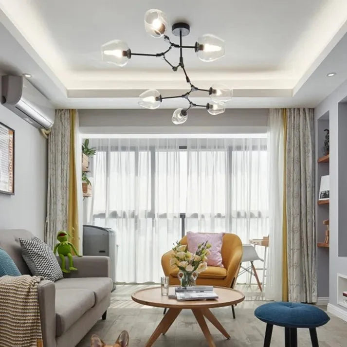 Sputnik Deckenleuchte aus Glas mit verzweigten Armen und Blasenglas-Kugeln für Wohn- und Esszimmer