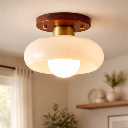 Deckenlampe Glas mit Holzhalterung