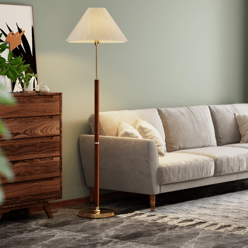 Rattan-Stehlampe aus Holz und Stoff mit weichem, diffusiertem Licht für Wohn- und Schlafräume