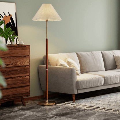 Rattan-Stehlampe aus Holz und Stoff mit weichem, diffusiertem Licht für Wohn- und Schlafräume